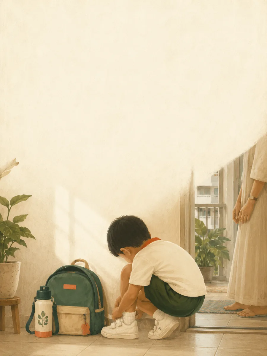 一个小孩蹲在组屋门口，自己扣好魔术贴校鞋，身旁放着书包和水壶