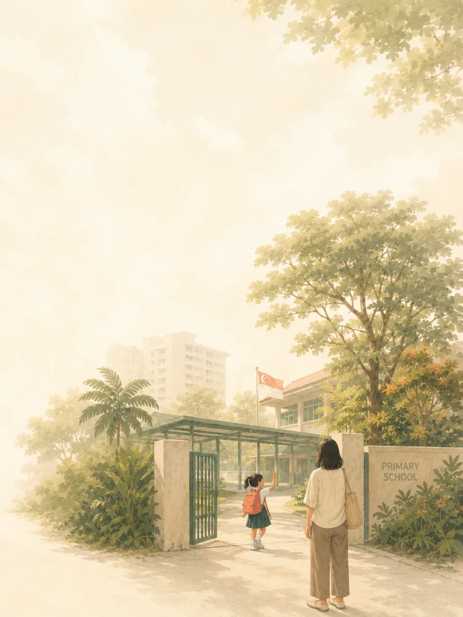 一个穿着校服、背着珊瑚色书包的孩子,在开学第一天早晨走进新加坡小学的校门,回头向身后的家长挥手